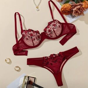 Lingerie red with red roses   sexy mesh bra and pantie thong